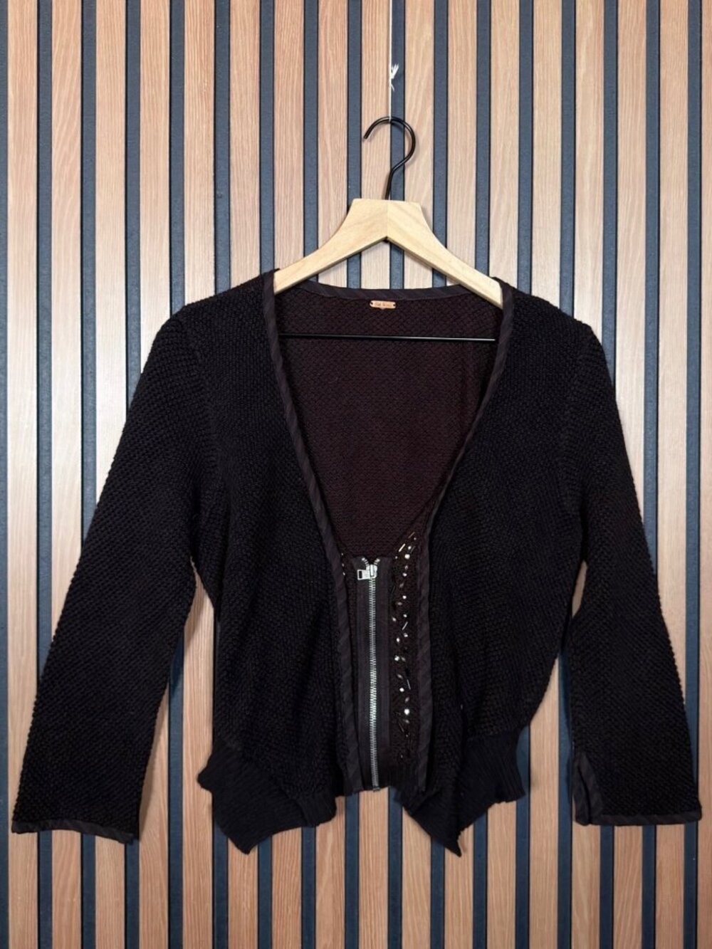 Free People Jacket M / L Brown Half Zip Bead Trim Cropped Clanky Knit Cardigan